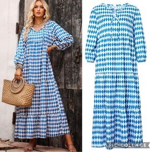 New Boho Ethic Geo Aztec Tribal Pattern Maxi Dress Loose Long Puff Sleeves Blue